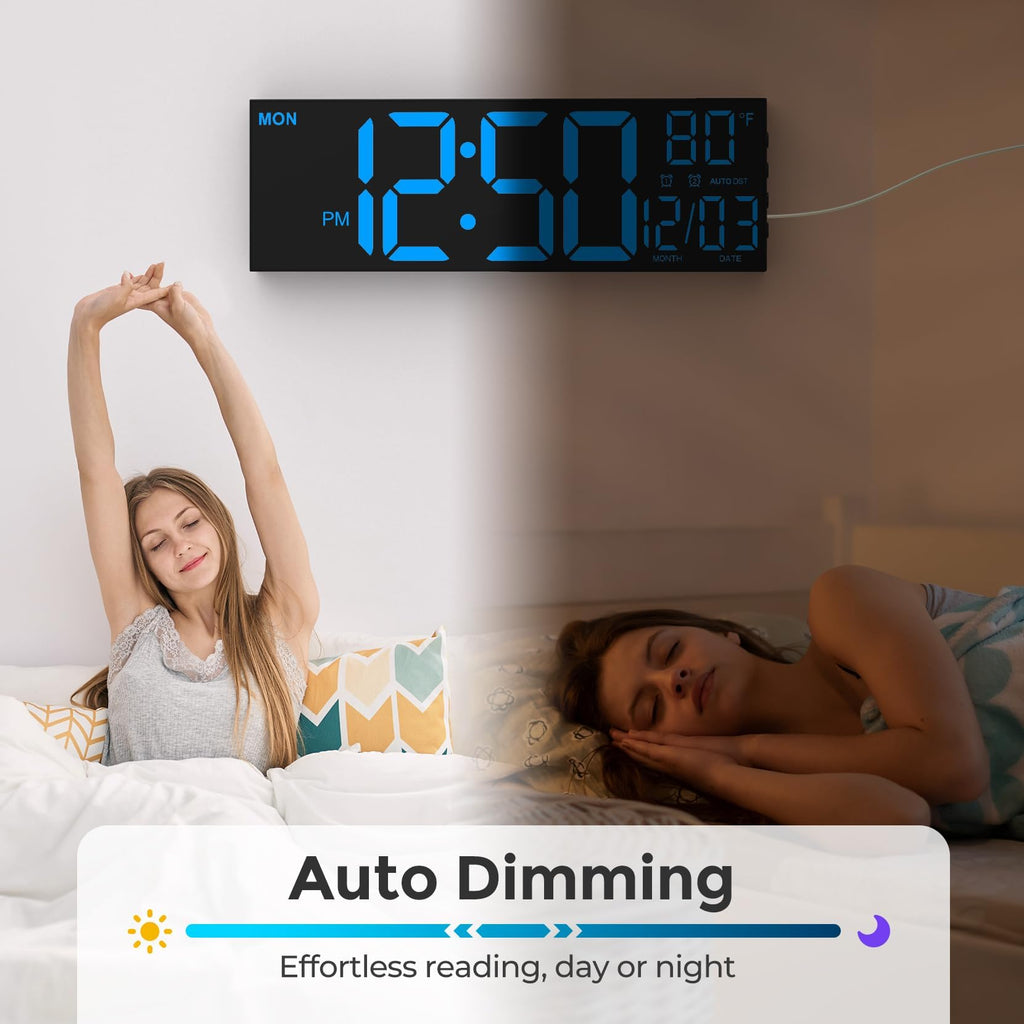 GOLOZA 16" Large Digital Wall Clock, Led Clock with Remote Control, Dual Alarms, 10 Brightness Dimmer, 8 Colors, 5 Volume, Auto DST, ℃/℉, Timer, Alarm Clocks Bedside for Heavy Sleepers