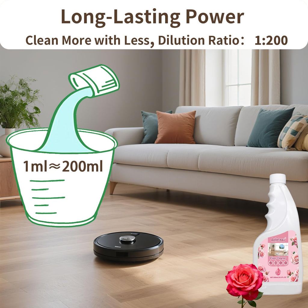 Robot Mop Cleaning Solution Concentrate Compatible with Robot Vaccum, Wet Dry Vacuums, for Roborock, Tineco, Dreame, Narwal, Shark, Bissell Mops, 1L, Dilution Ratio 1:200, Rose Scent
