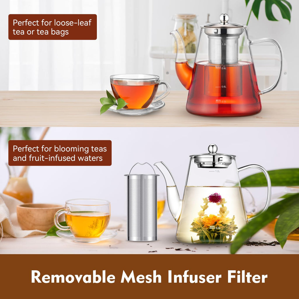 Glass Teapot, Zpose 1200ml Teapot with Removable Loose Tea Infuser, Clear Borosilicate Glass Tea Pot with Scale Line, Tea Pots Set for Loose Leaf Tea and Blooming Tea, Gift Box for Tea Maker