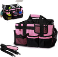 Large Cleaning Caddy Bag With 4 Foldable Dividers Cleaning Organizer with Detachable Divider Cleaning Supplies Organizer with Adjustable Shoulder Strap&Wais for Cleaners & Housekeeper(Black-pink)