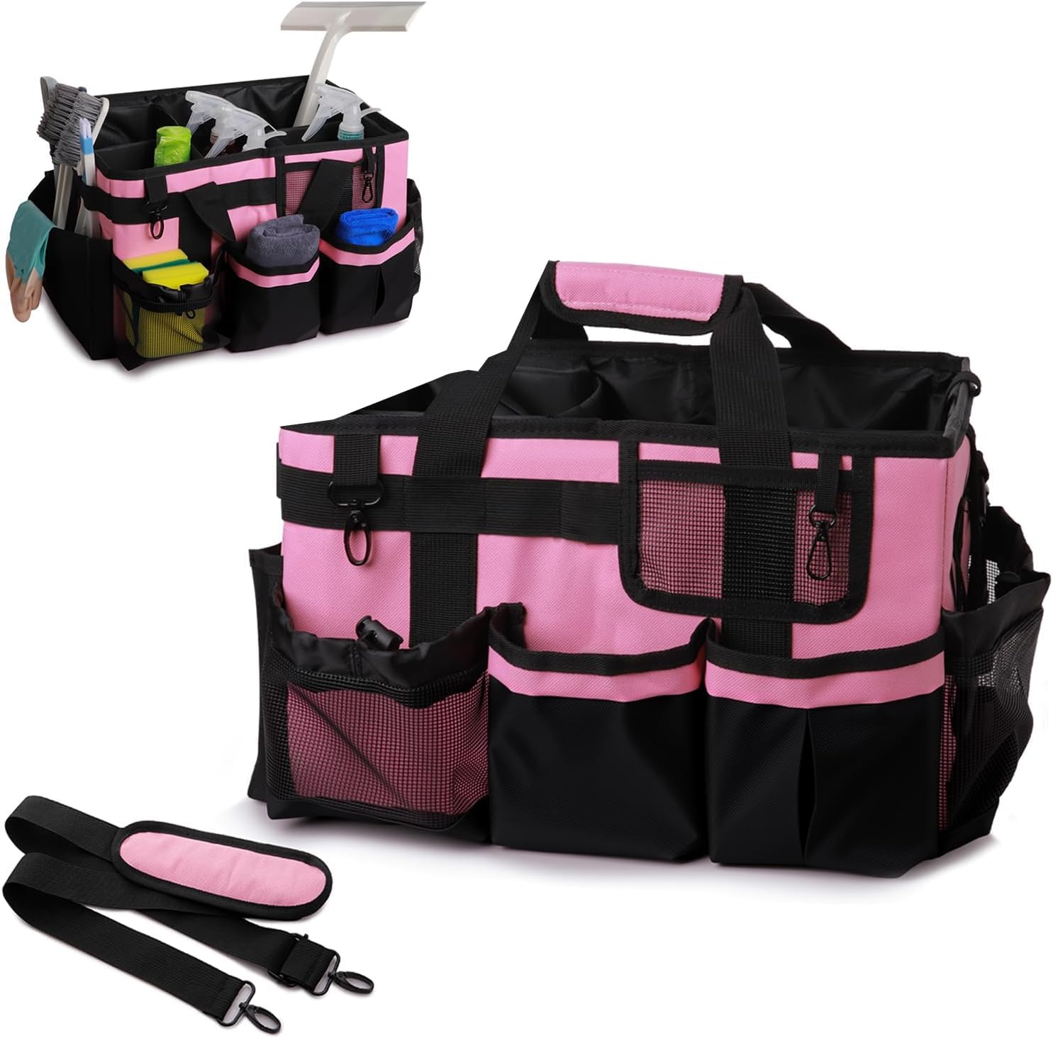 Large Cleaning Caddy Bag With 4 Foldable Dividers Cleaning Organizer with Detachable Divider Cleaning Supplies Organizer with Adjustable Shoulder Strap&Wais for Cleaners & Housekeeper(Black-pink)