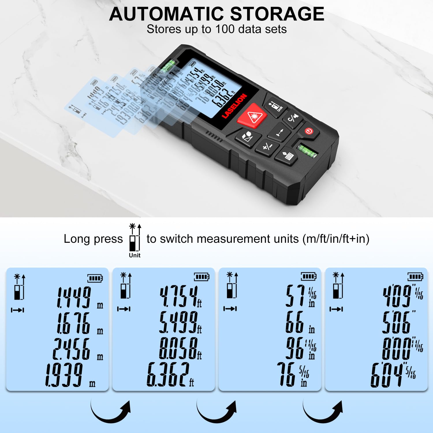 LASELION LT70 Laser Distance Meter – 70m (229ft) Range, High Accuracy, Multiple Measurement Modes, Built-in Level Bubble, and Mute Function (229ft)