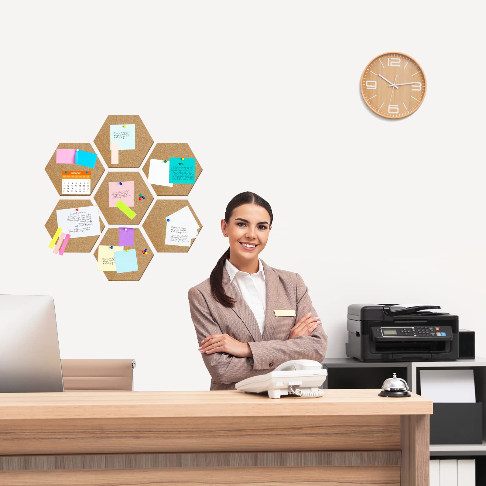 TUPARKA 8 Pack Cork Board Hexagon Bulletin Boards Cork Tiles 8.2"x7" - 1/4" Self-Adhesive Corkboards with 50 Push Pins Mini Wall for Wall Home School Office Decorative