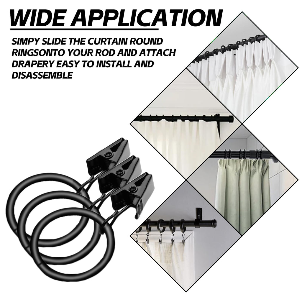 50 Pcs Curtain Hooks, 1.5 inch Black Curtain Rings, 4mm Thicken Rustproof Curtain Rings with Clips, Metal Curtain Clips for Hanging Drapery Drapes Bows
