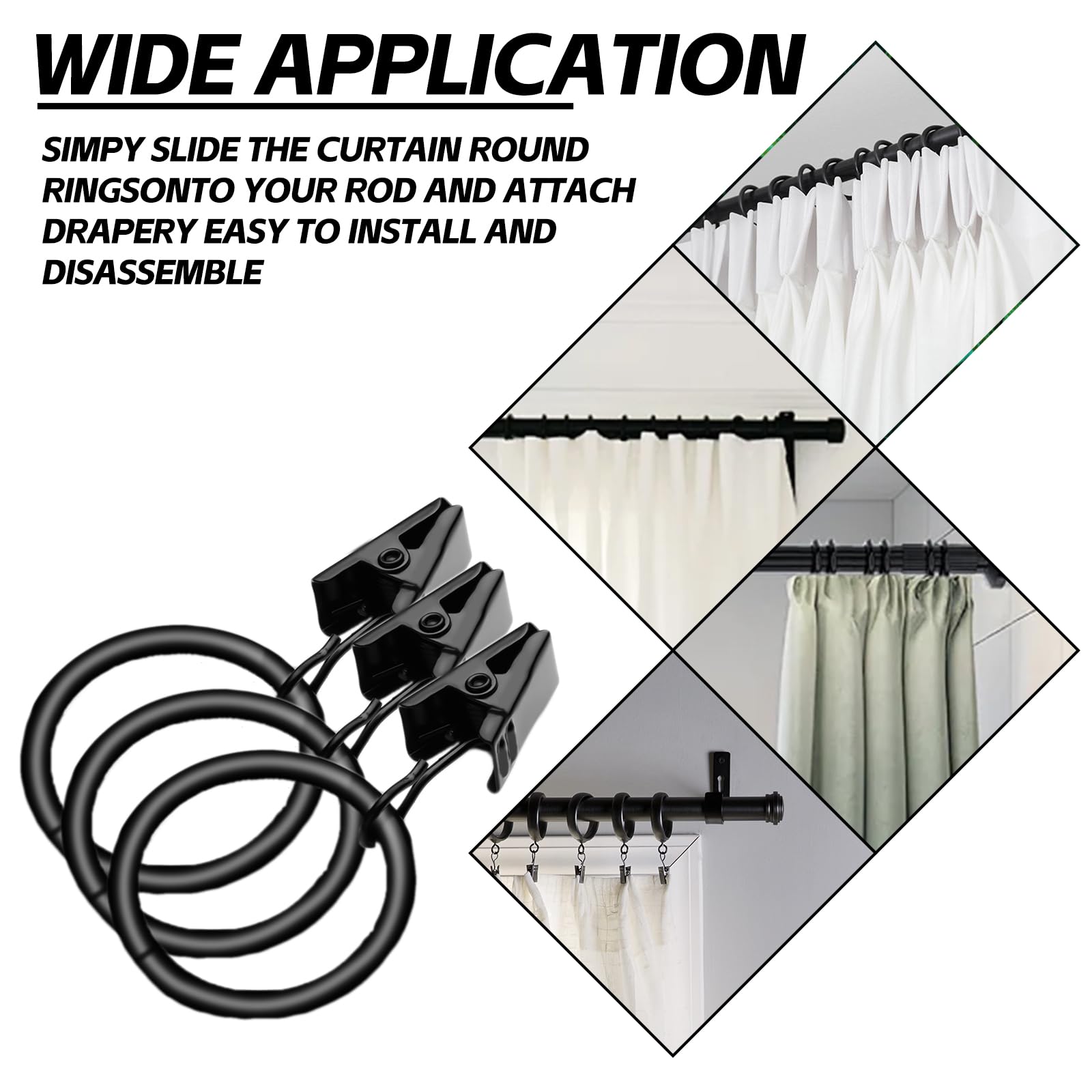 50 Pcs Curtain Hooks, 1.5 inch Black Curtain Rings, 4mm Thicken Rustproof Curtain Rings with Clips, Metal Curtain Clips for Hanging Drapery Drapes Bows