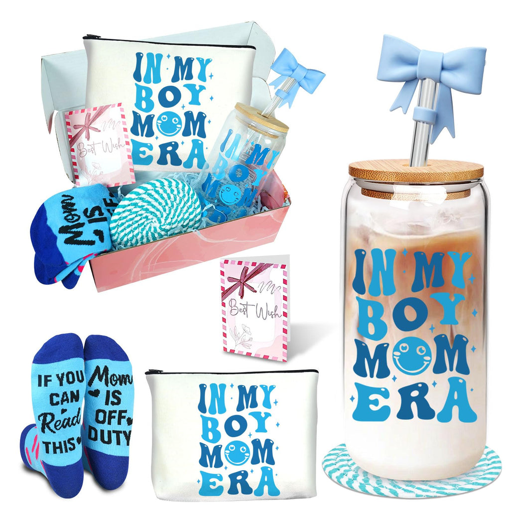 ANOTION in My Boy Mom Era Gift Set - Boy Mom Iced Coffee Cups, Mothers Day Coffee Mug with Straw, New Mom Gifts, Mother's Day Card, Mama Birthday Gift, Glass Tumbler Drinking Cup for Mother