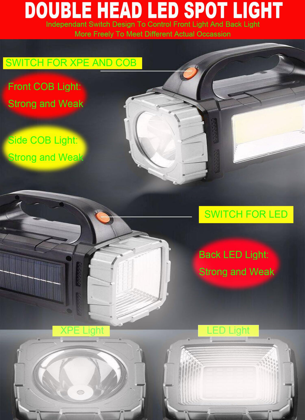 Solar Rechargeable LED Spotlight Searchlights, Super Bright 7000LM Handheld LED Searchlight, Multi-Functional Portable Lamp Camping Lantern Flashlight, 8 Light Modes, IPX4 Waterproof