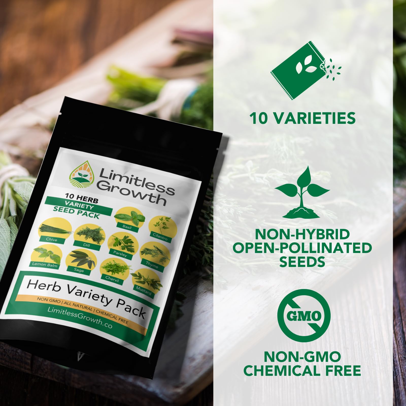 10 Herb Pack | Seeds for Planting: Culinary Herbs Collection | Indoor & Outdoor Garden Variety | Chervil, Chive, Cilantro, Lemon Balm, Mustard, Sage, Thyme, Basil, Parsley, Dill | Limitless Growth