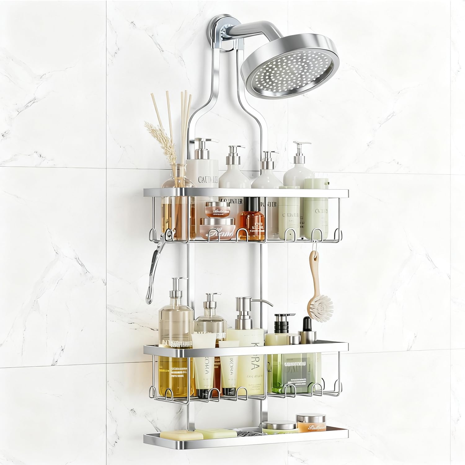 Shower Caddy Hanging, Bathroom Organizers Shelves over Shower Head, Anti-Swing Shower Organizer Shower Shelf, Hanging Shower Caddy with Hooks
