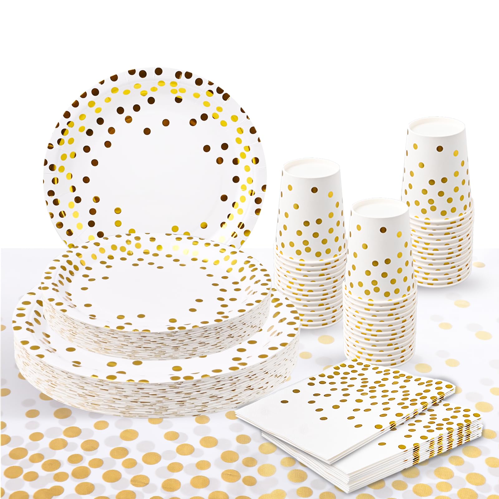 201Pcs White and Gold Paper Plates Party Supplies for 50 Guests,Disposable Party Decorations Dinnerware Gold Dot Paper Plates Napkins Cups Tablecloth for Birthday Wedding Babyshower