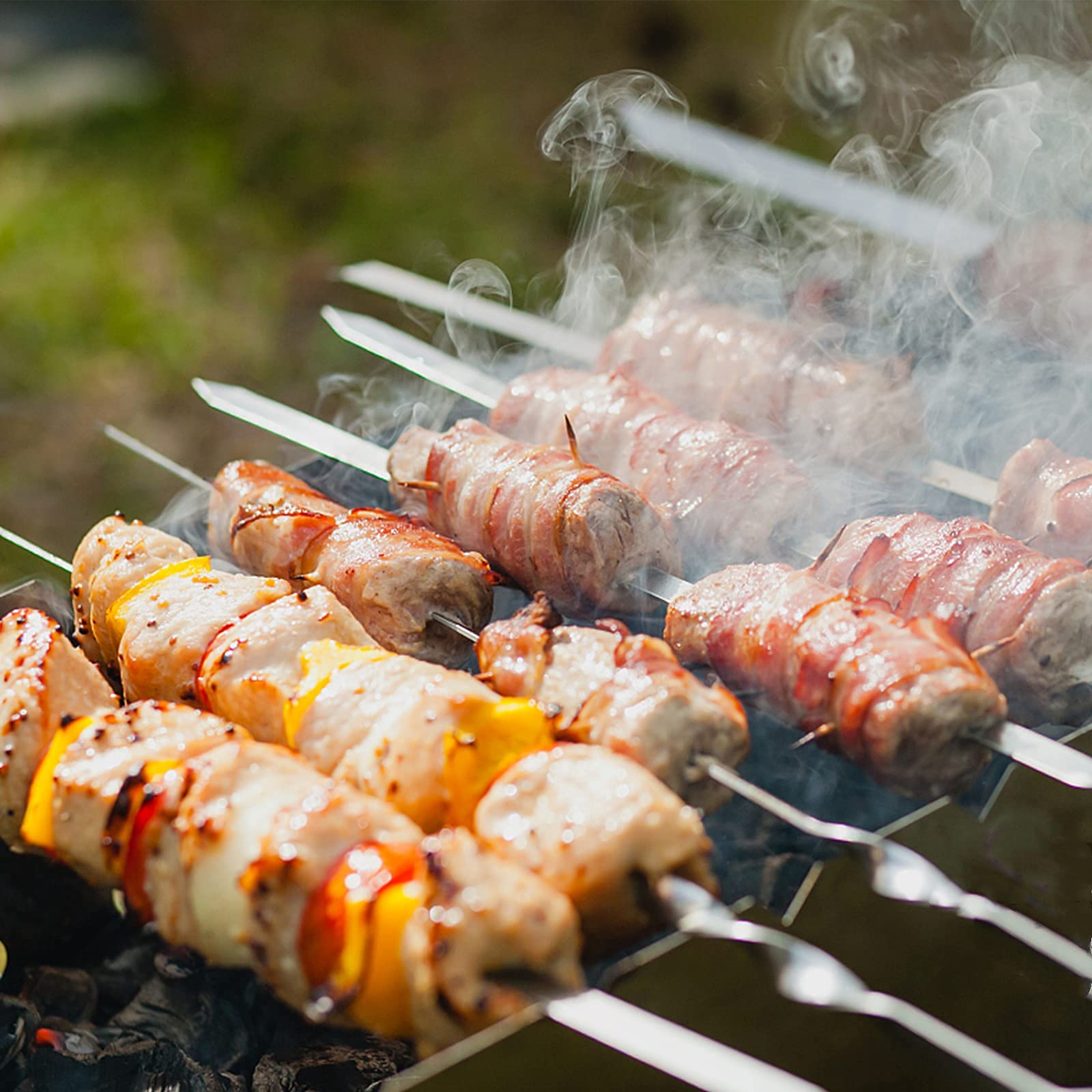 Dicunoy 9 Pcs Metal Barbecue Skewers Shish Kabob Set, 17" Heavy Duty Flat Wide Kabob Skewers for Grilling, Reusable Stainless Steel Flat Shish BBQ Sticks with Rack Stand for Meat, Vegetable Grill