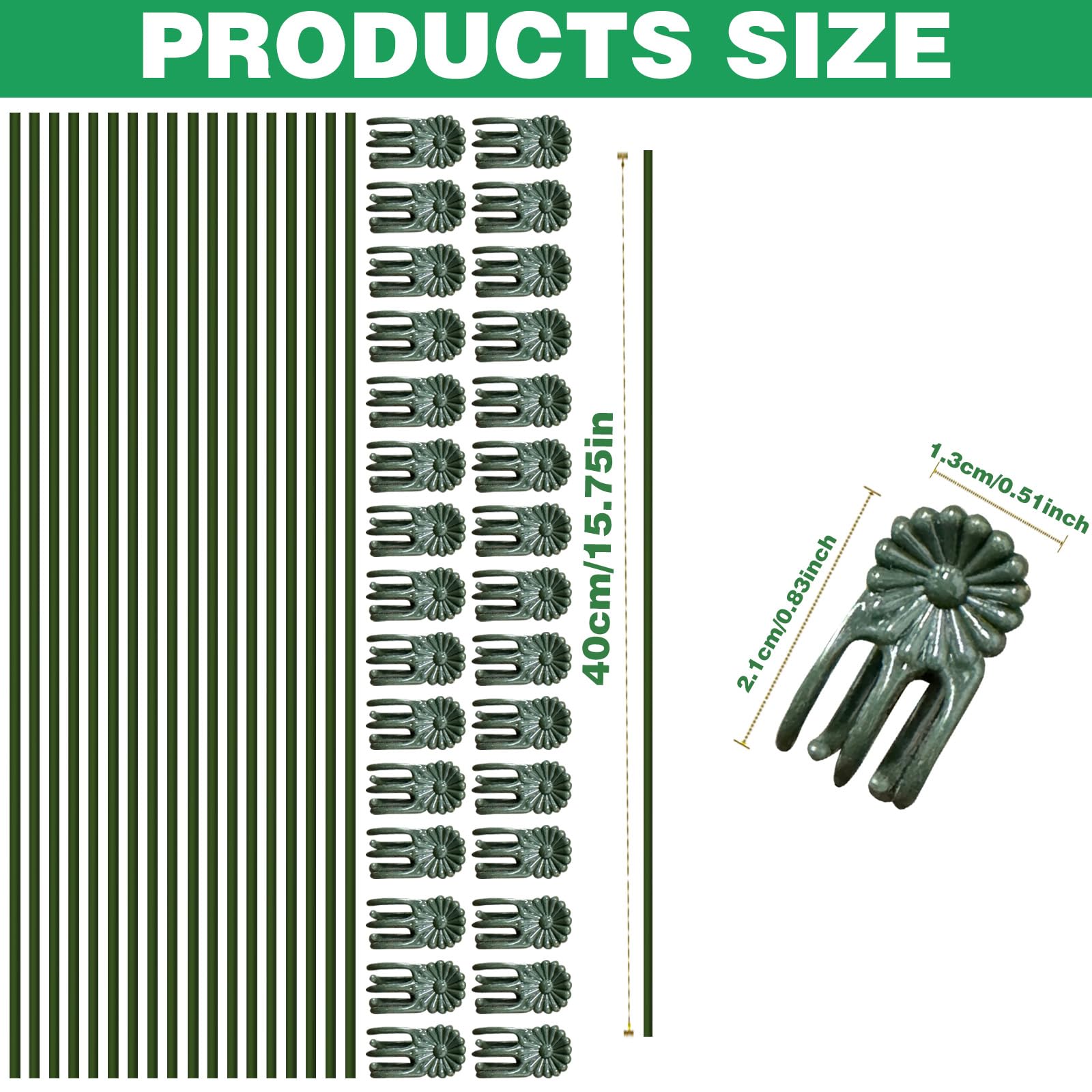50Pcs Plant Stake Clip Set Green, Plant Sticks Supplies Support Tall, Useful Support Clips, Fine Workmanship Allow Bending Suitable for Various Pots Indoors and Outdoors