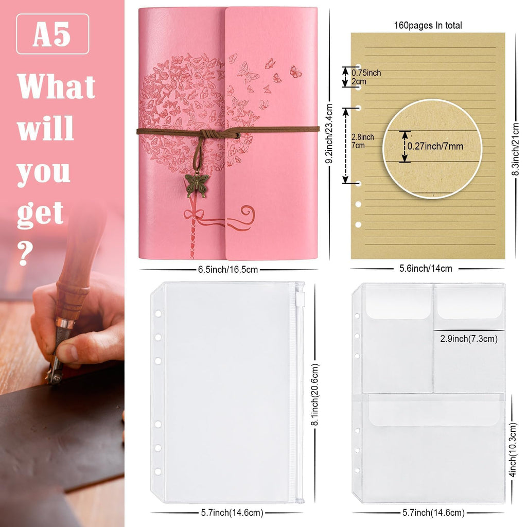 Leather Notebook Journal, Travel Journal with 2 Pockets, Vintage Refillable Journal for Writing, Diary Journal for Women, Men, Girls and Boys, 100GSM Lined Paper, 160 Pages (Pink, A5)