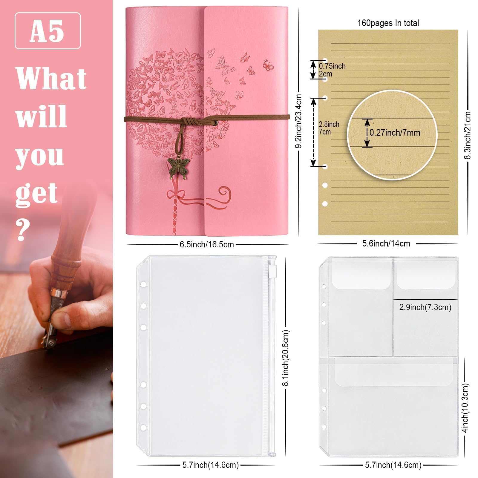 Leather Notebook Journal, Travel Journal with 2 Pockets, Vintage Refillable Journal for Writing, Diary Journal for Women, Men, Girls and Boys, 100GSM Lined Paper, 160 Pages (Pink, A5)