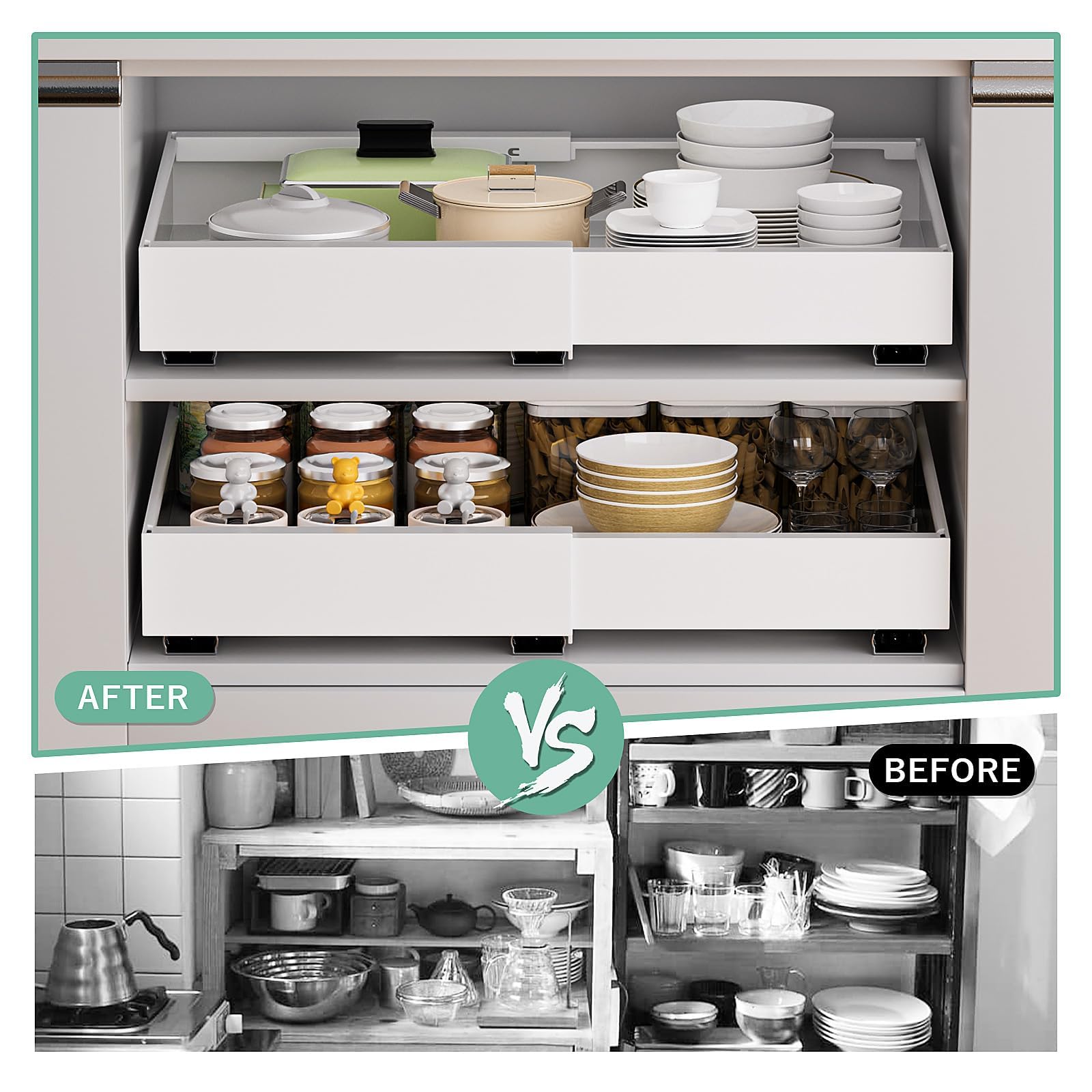 Expandable Pull Out Cabinet Organizer, 12.6"-20.5" Pull Out Drawers for Kitchen Cabinets, Slide Out Drawers for Kitchen Cabinets, Slide Out Drawers Organizer, Fixed with Adhesive Nano (White, 1pc)