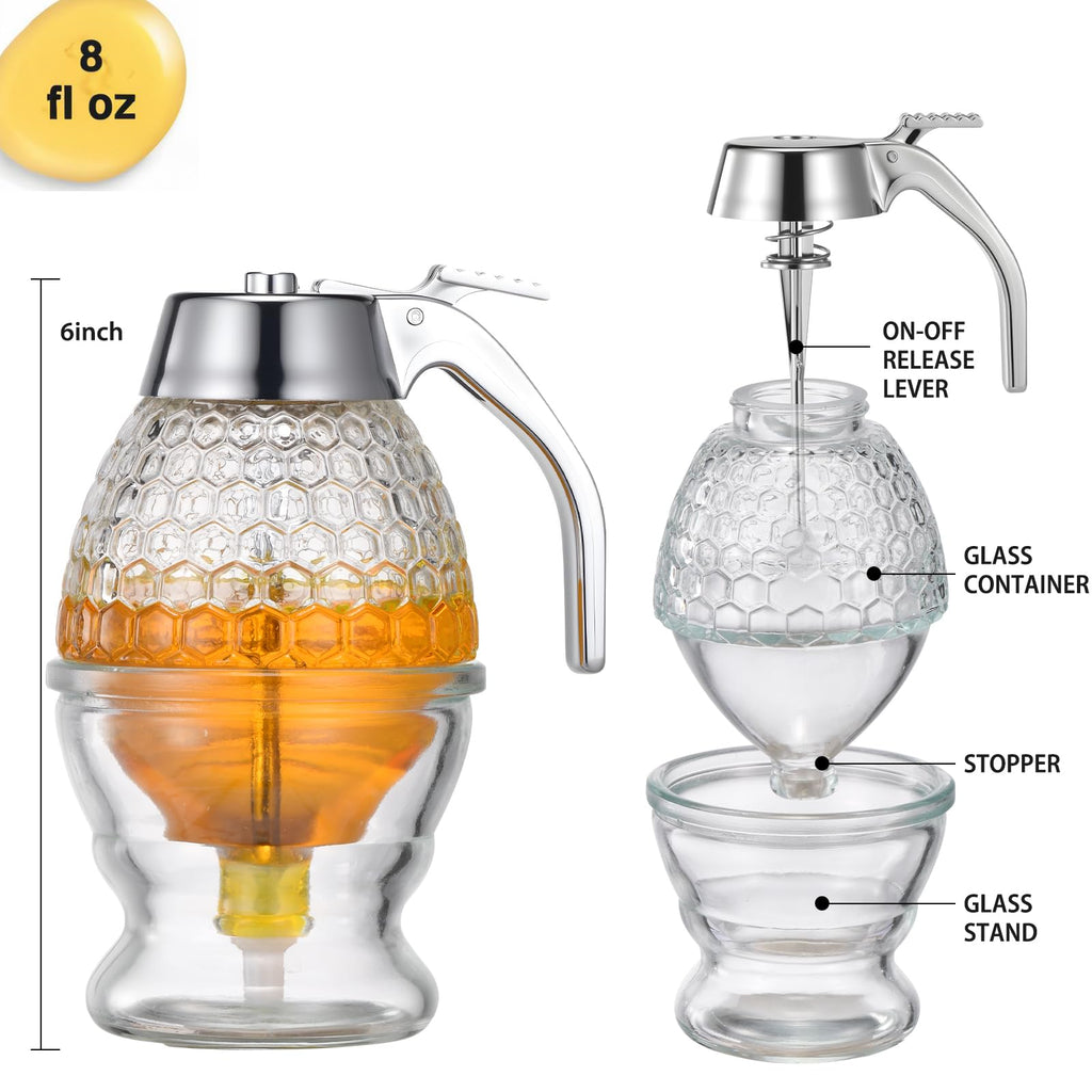 Honey Dispenser, 8oz Hunnibi Honey Container Dispenser No Drip Glass With Stand, Bee Container & Coffee Syrup Jar For Tea Time & Gifting, Elegant Comb Pot Bottle For Maple Syrup Bee