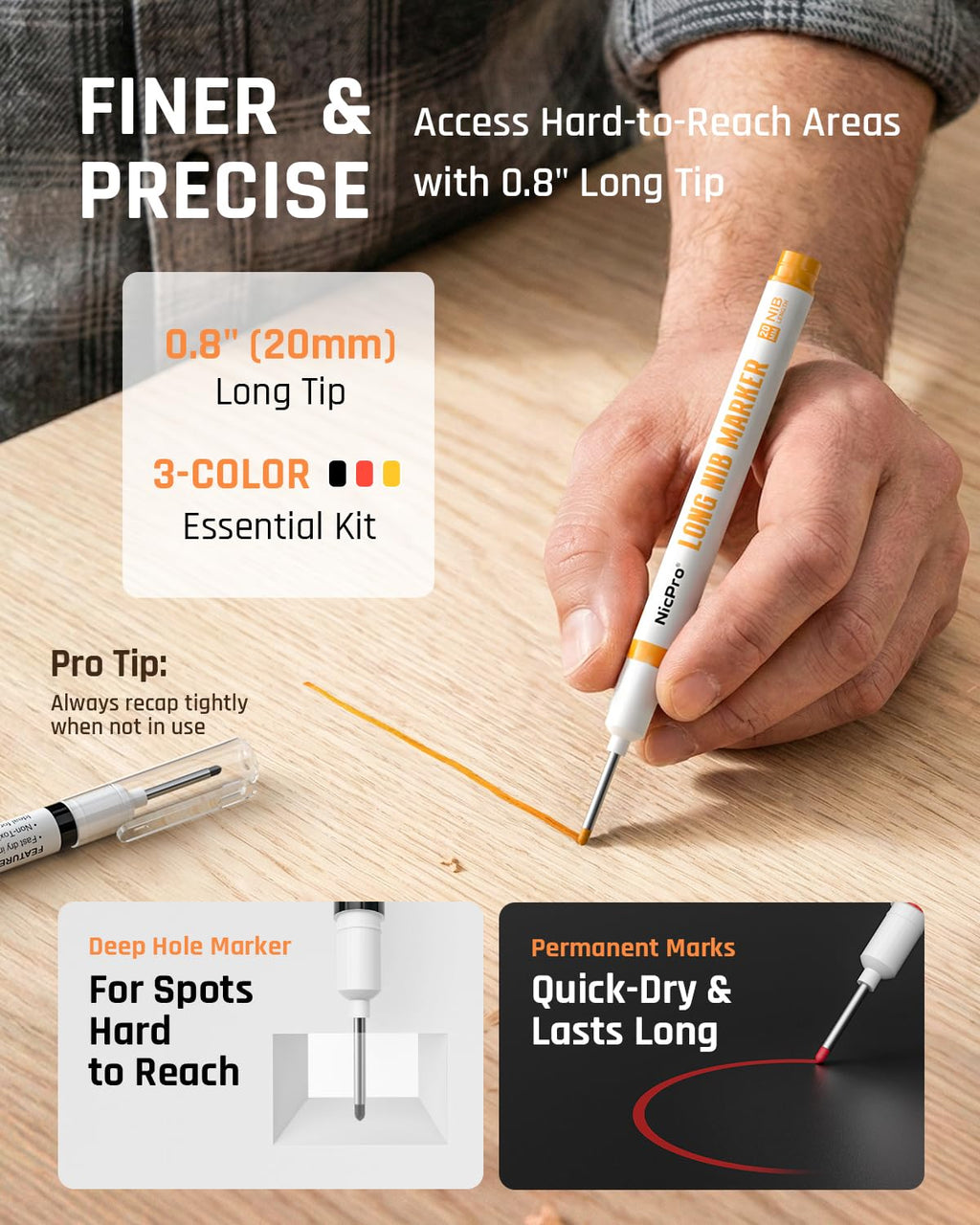 Nicpro 6 Pack CP1000 Carpenter Pencils with Sharpener, 66 Refills with 3 PCS Deep Hole Long Nib Marker Pens, Ceramics Glass Multi-Material Surface Woodworking Tools Construction for Architect Marking