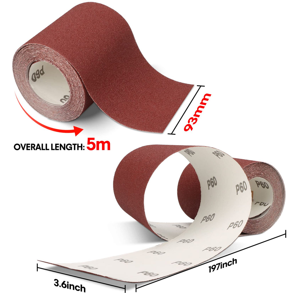 SHALL Sandpaper Roll Set 5 Rolls, 9.3cm x 5m, Aluminum Oxide Sandpaper for Woodworking, 60/80/120/180/240 Grit, Aluminium Oxide Abrasive Sanding Paper, for Sanding, Polishing and Rust Removal