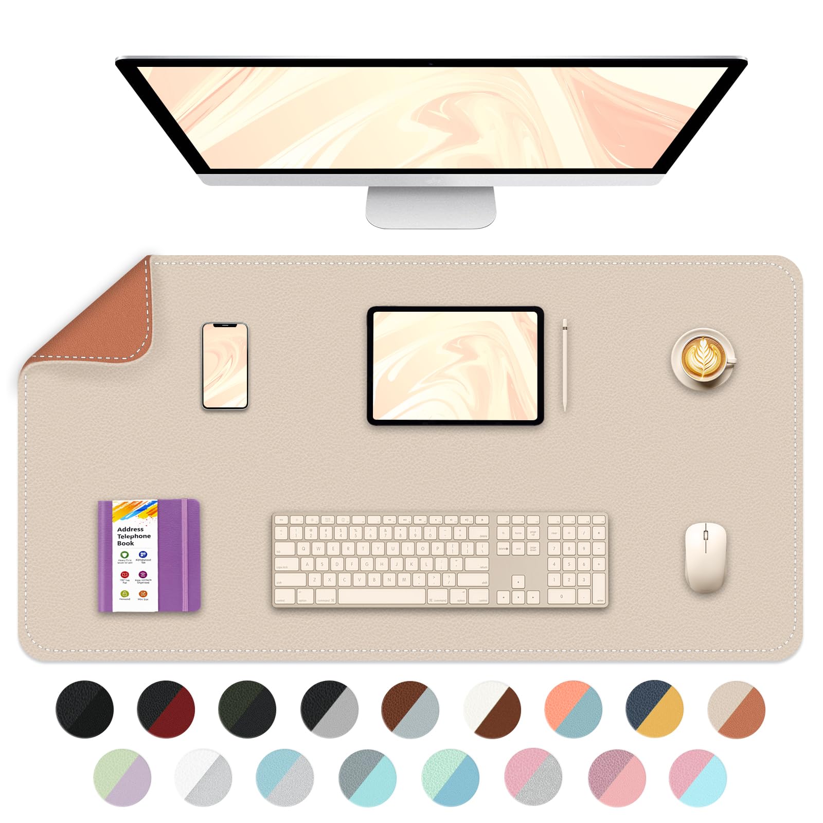 Bleswin Multifunctional Large Desk Mat, Double Sided Computer Desk pad, Extended Mouse Mat, Office Desk Protector with Waterproof PU Leather, 35.4''×16.9'', Office Home Writing Pad (Beige+Orange)