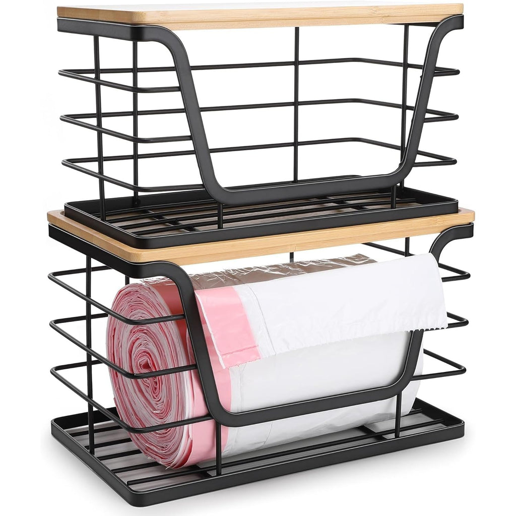 Oillase 2 Set Pantry Organizers and Storage with Bamboo Lids, Stackable Clear Bins for Onion, Potato, Fruit, Vegetables, Trash Bag Dispenser, Kitchen and Under Sink Organizer