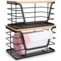 Oillase 2 Set Pantry Organizers and Storage with Bamboo Lids, Stackable Clear Bins for Onion, Potato, Fruit, Vegetables, Trash Bag Dispenser, Kitchen and Under Sink Organizer