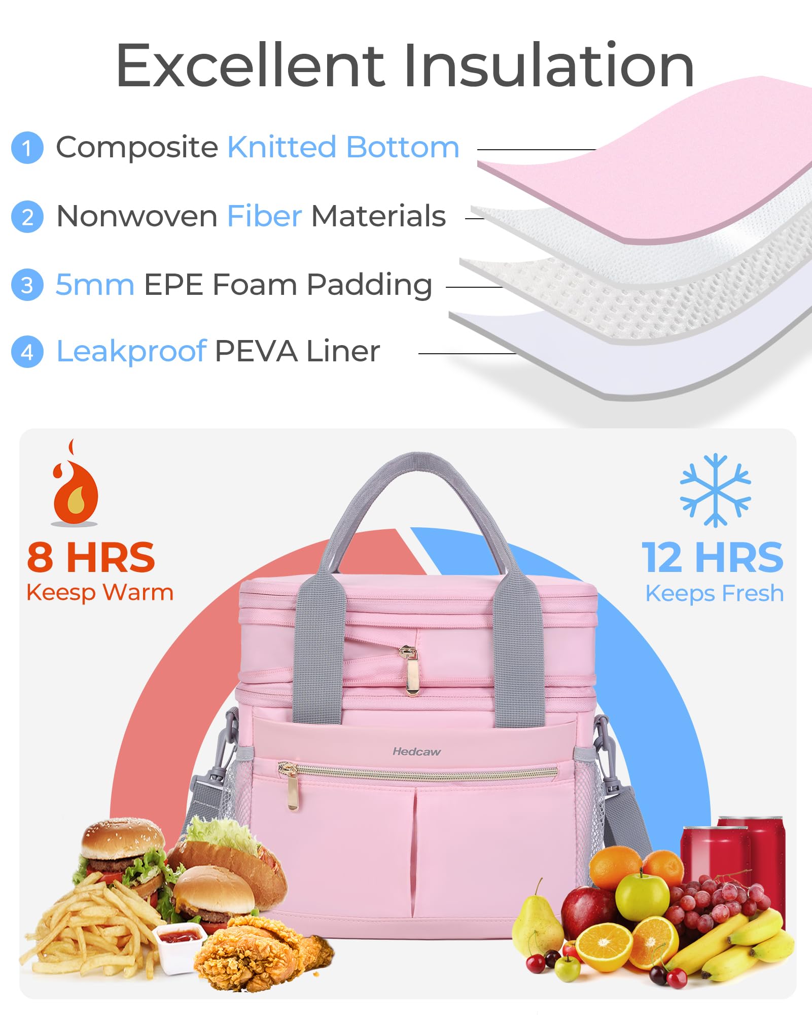 Hedcaw Lunch Box for Women Double Deck Insulated Lunch Bag Women Expandable Leakproof Reusable Lunch Cooler Bag for Work, Office, Picnic, Pink