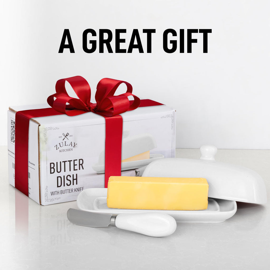Zulay Porcelain Butter Dish with Lid – White Ceramic Butter Container with Knob Handle – Classic Countertop Butter Holder for 1 Standard Stick – Covered Butter Tray for Western or Eastern Butter