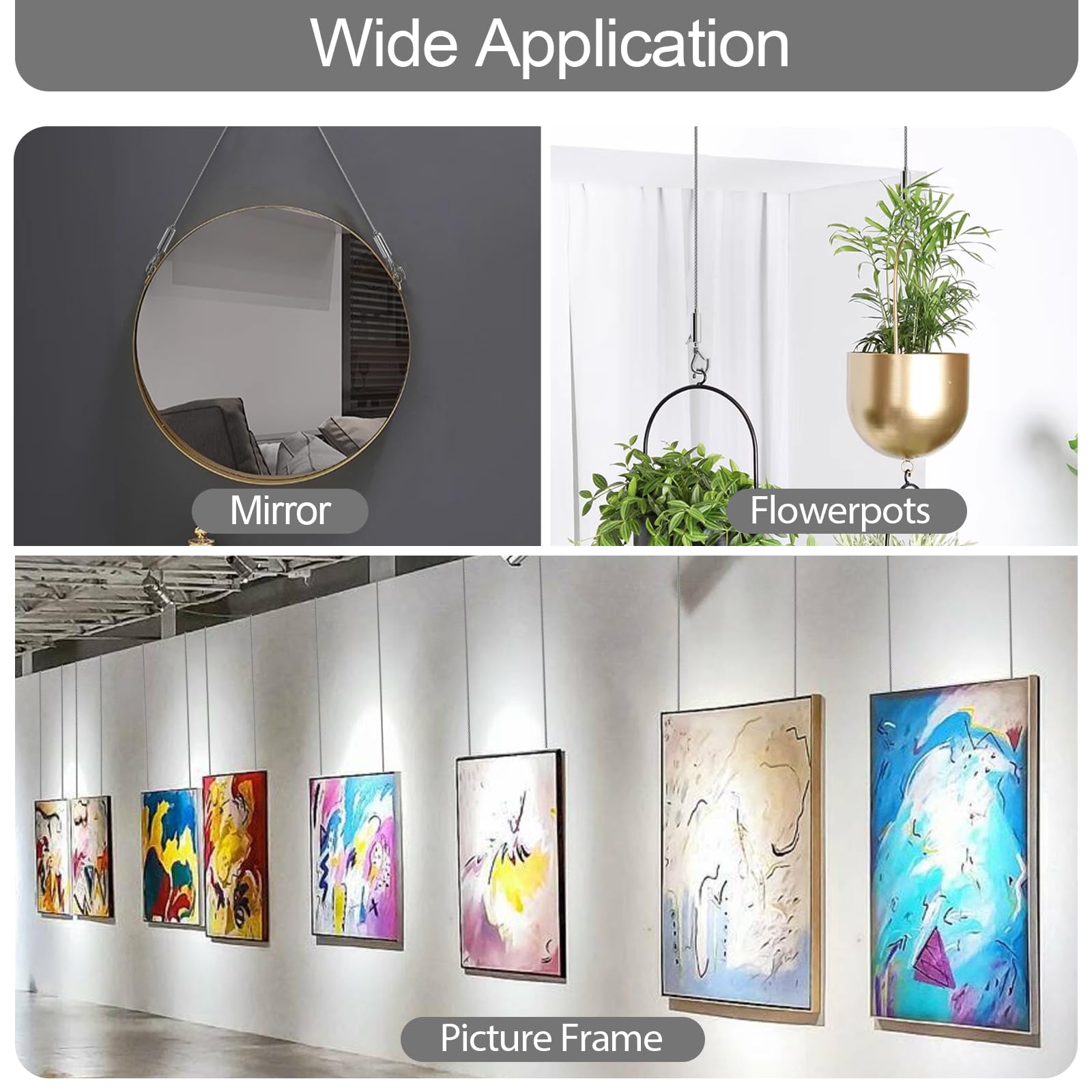 Adjustable Picture Hanging Wire, Upgrade Mirror Frame Hanging Kit, 6.6FT Heavy Duty Stainless Steel Wire Rope, Supports Up to 100lbs (Silver, 4PCS-6.6FT)