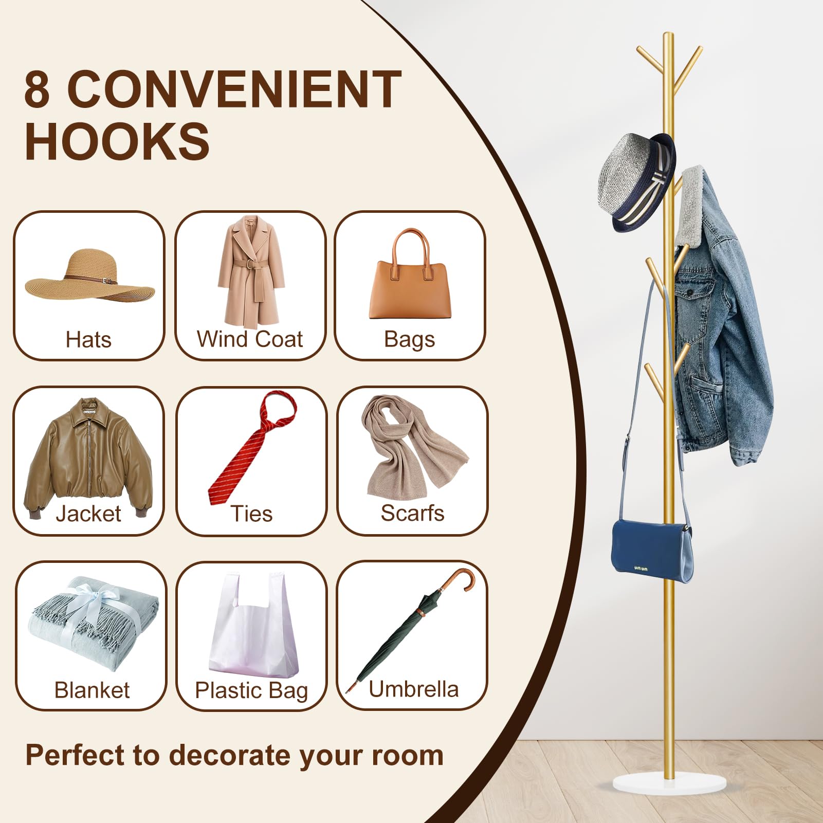 Coat Rack, Metal Freestanding Coat Rack with 8 Hooks, Sturdy Coat Tree with Natural Marble Base for Coats, Hats, Scarves and Handbags for Entryway, Hallway, Bedroom, Office(Gold)