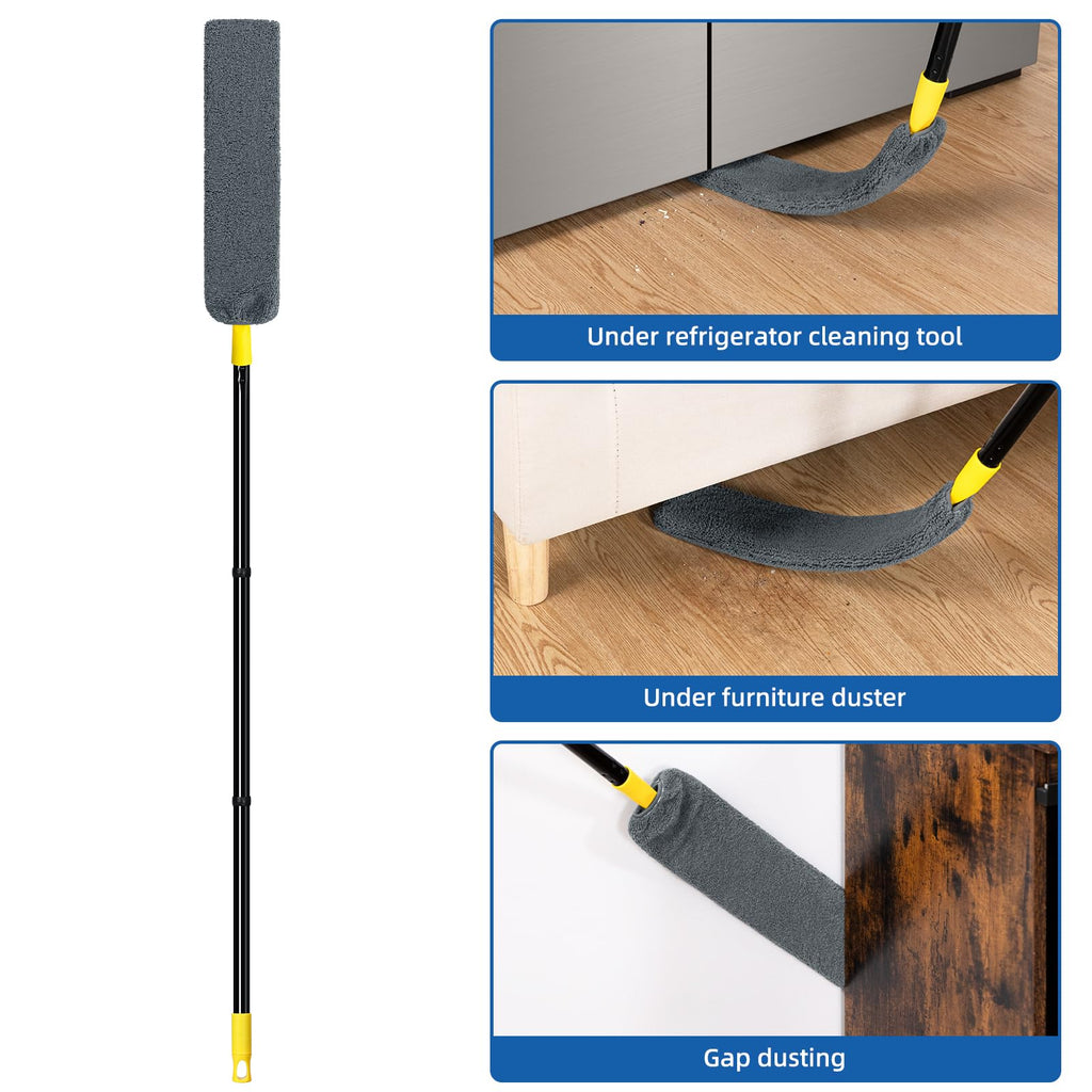 Qaestfy Under Appliance Cleaning Tool with Long Handle, 2 Reusable Microfiber Pads, 5 Disposable Dusting Cloths, Retractable Flat Gap Duster for Behind Fridge, Washer, Bed, Furniture