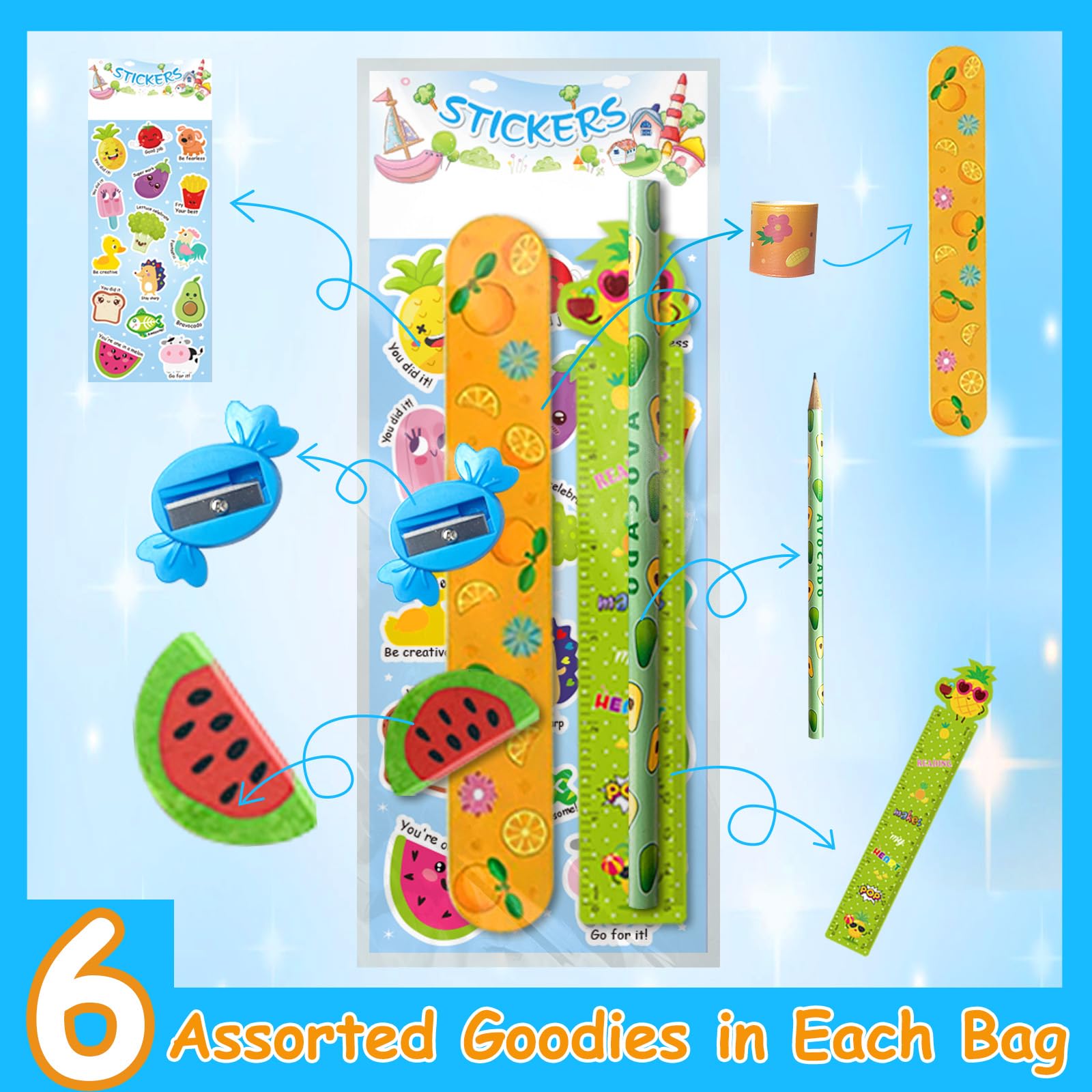 Stationery Party Packs, Birthday Goodie Bags with Stickers Rulers Pencils Erasers Sharpeners Slap Bracelets for Goodie Bags Classroom Return Gifts Class Birthday Gifts for Student (28Pack)
