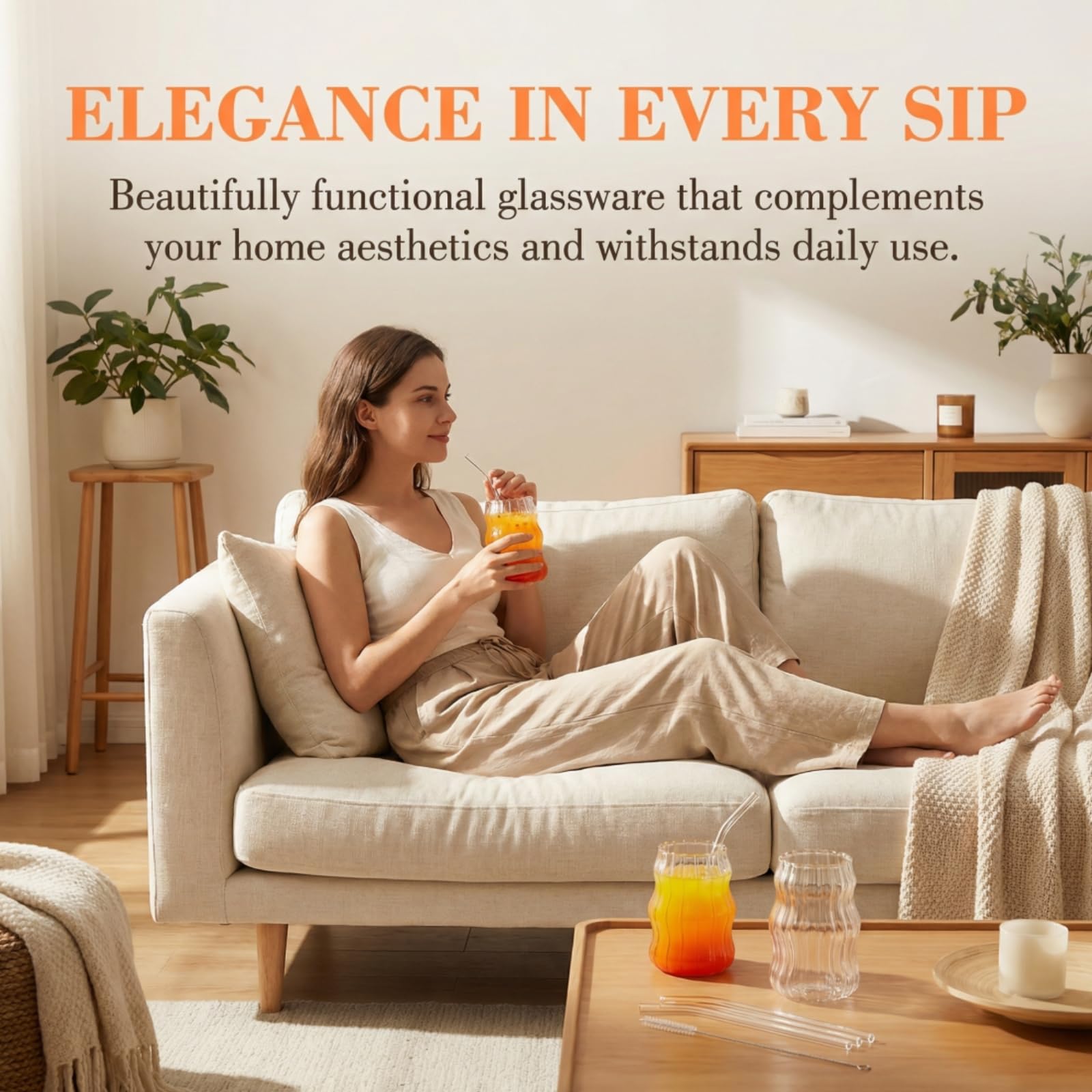 Tebery 4 Pack Ribbed Aesthetic Glass Cups with Glass Straw, 16Oz Vintage Drinking Glassware Ripple Cocktail Glasses for Iced Coffee Juice Beverage Milk
