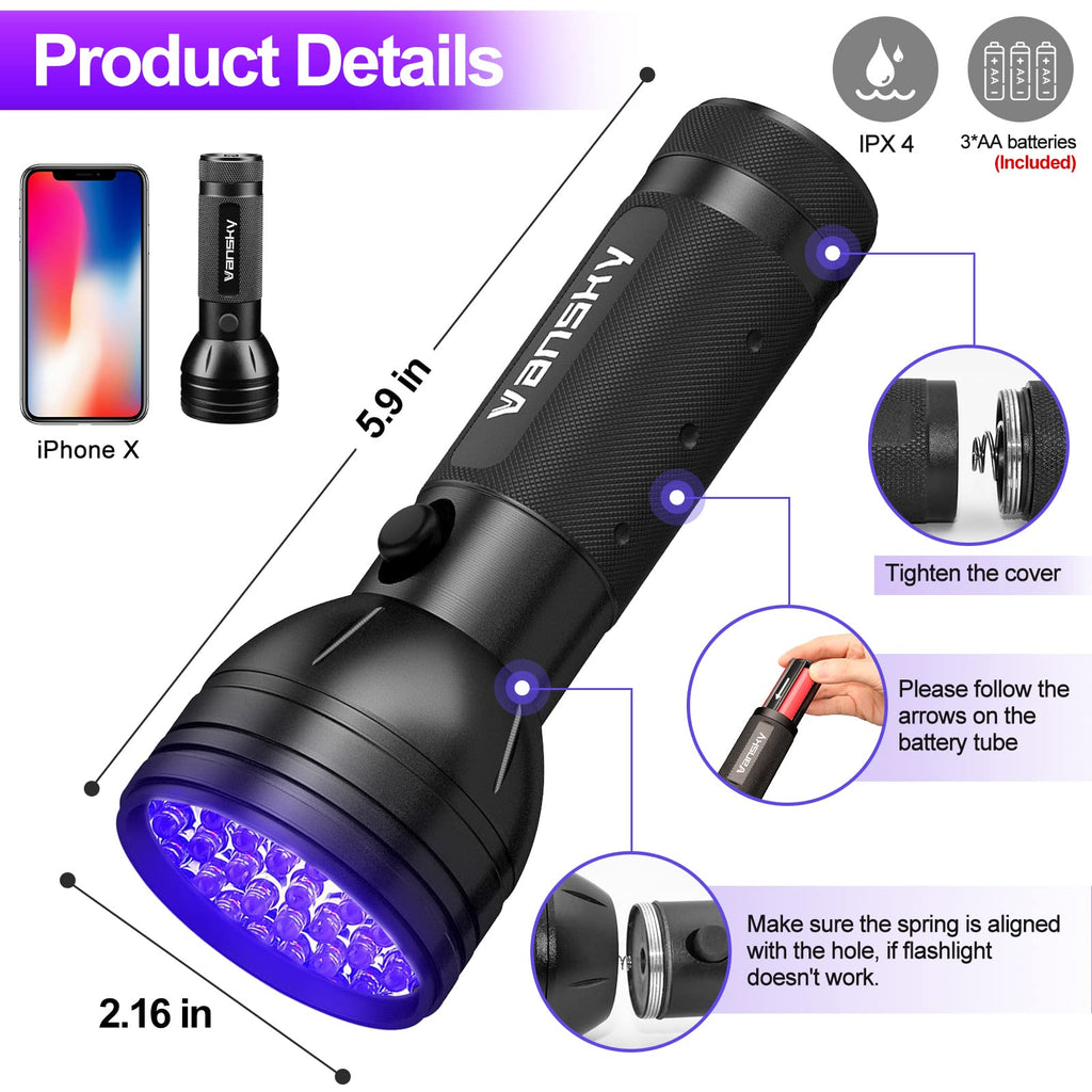 Black Light UV Flashlight, Vansky Upgraded 51 LED Ultraviolet Blacklight Pet Urine Detector for Dog/Cat Bed Bug (Batteries are included)