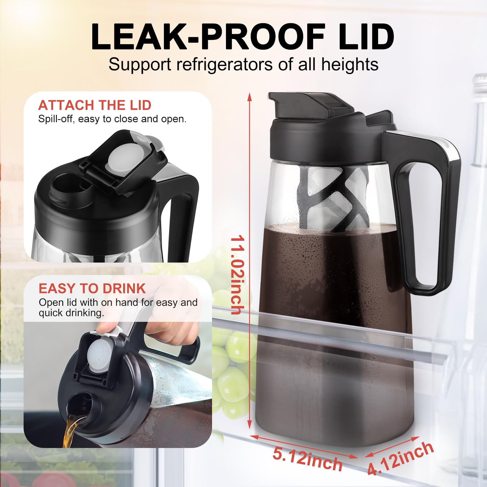 Sivaphe Large Ice Cold Coffee Maker 2 Quart, Dishwasher Safty Traitan Carafe Pitcher Leak Proof, Reusable Filter 64 oz Iced Coffee Tea Method Brewer