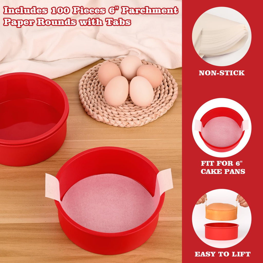 HUAKENER 6 Inch Round Cake Pan, 3 Pack Silicone Cake Molds with 100 Pieces Parchment Paper, Nonstick Cake Molds for Smash Cakes, Layer Cakes, Cheese Caks, Chocolate Cakes