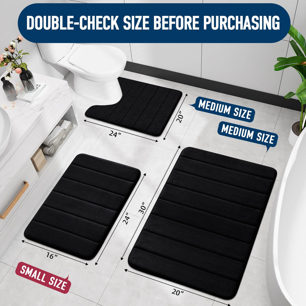 OLANLY Soft Memory Foam Bath Mat, Non-Slip and Super Absorbent Bathroom Mat, Machine Washable Quick Dry Bath Mats for Bathroom, Shower, and Tub, 16" x 24", Black