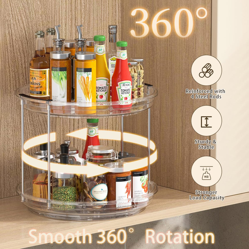 KEGFRES Lazy Susan 2 Tier Organizer Turntable Organization for Cabinet, Rotating Spice Rack Kitchen,Pantry, Bathroom,Makeup Vanity Countertop, Under Sink Organizing(Clear, 9.25in-1Pack)