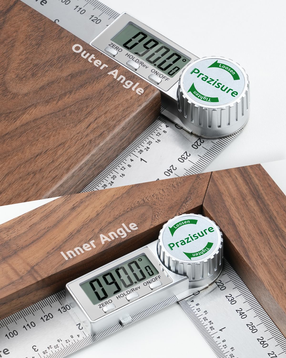 Prazisure Digital Angle Finder, Protractor 200mm, Professional Angle Measuring Tool for Woodworking, Construction and DIY Measurement (Includes 2 Batteries) (Aluminum)