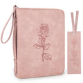 CITYCHASE Bible Cover for Women - Leather Study Case with Bookmark, Supplies Carrying Bag Tote with Strap, Personalized Book Organizer for Journaling - Pink