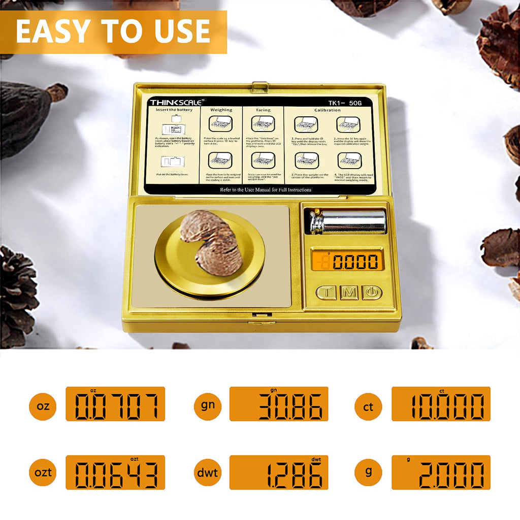 THINKSCALE High Precision Milligram Scale, 50g/0.001g Digital Pocket Scale, Mg Scale for Powder, Jewelry, Medicine, Gem, Reloading, Mini Gold Gram Scale 6 Units, Tare, Cal Weight, Tweezer and Tray