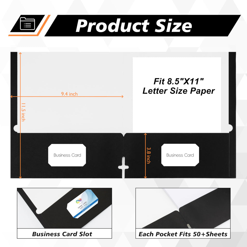 50 Packs Two Pocket Folders,Two Pocket File Folders with Business Card Slot,Black,Letter Size,Paper Folders with Pockets for School Office Home Business