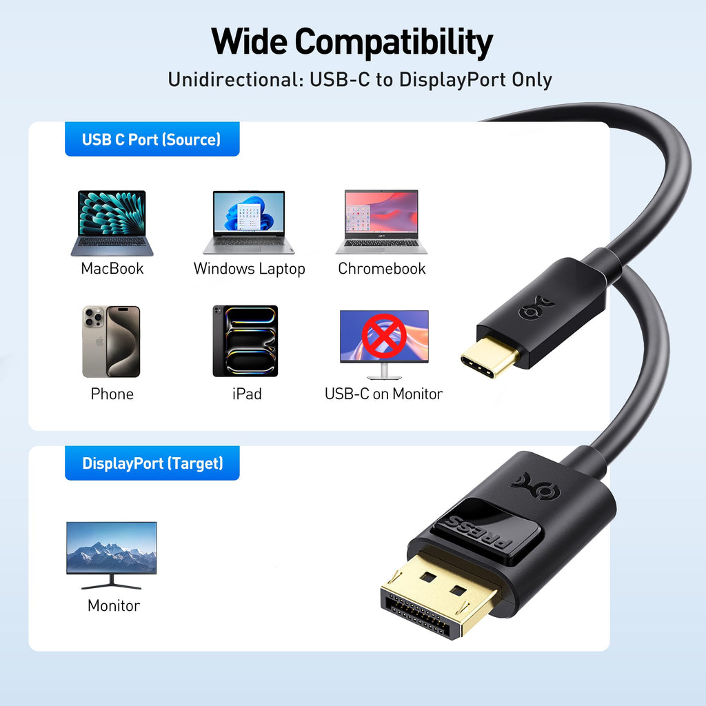 Cable Matters USB C to DisplayPort 1.4 Cable 6 ft, Support 8K@60Hz, 4K@240Hz (Thunderbolt 4 to DisplayPort Cable, DisplayPort to USB C Cable) Black - Not for Portable USB-C Monitor