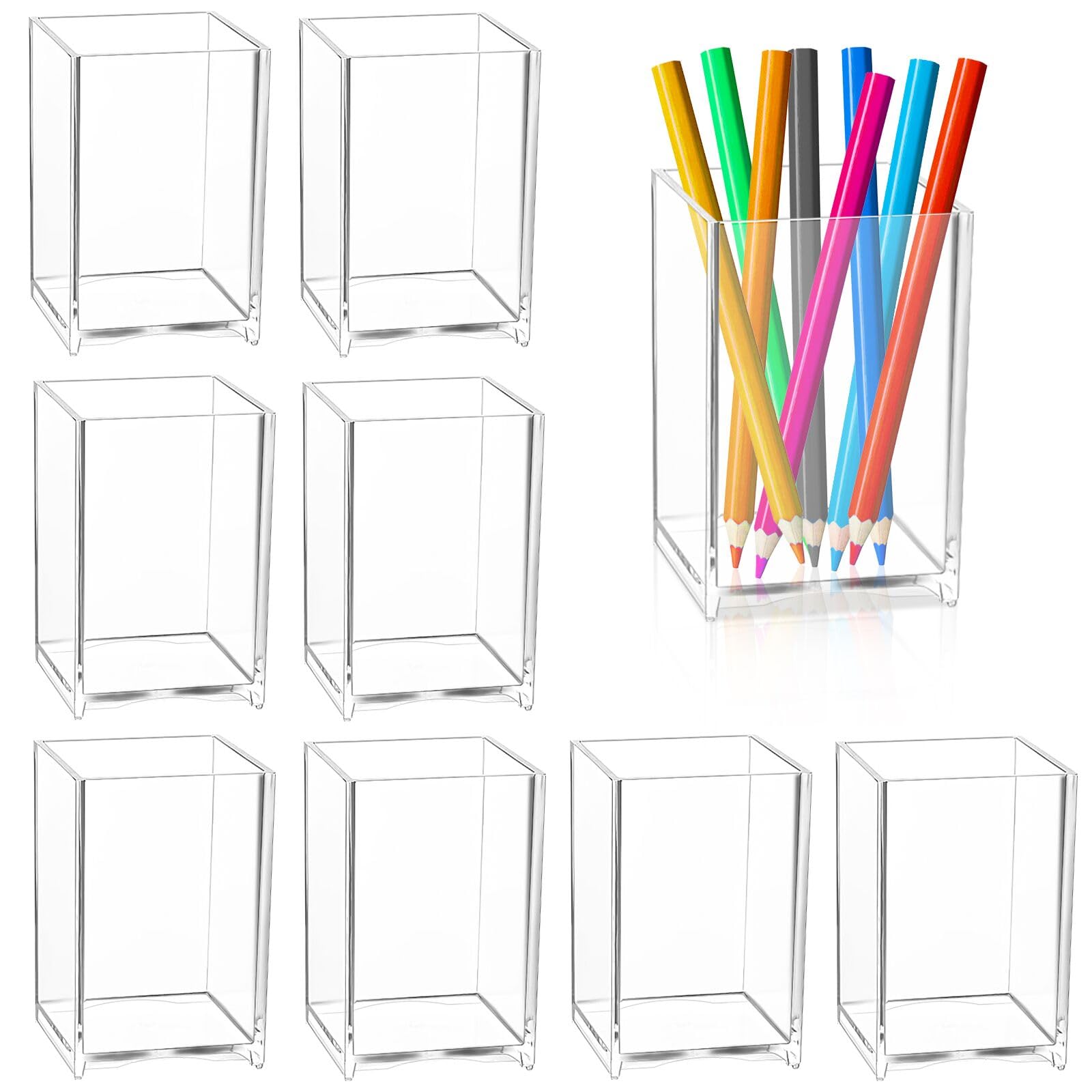 RUITENG 9 Pack Acrylic Pen Holder, Clear Pencil Organizer for Desk, Makeup Brush Storage, Small Desktop Bookmark Holders for Classroom, Home, Office Stationery (Square)