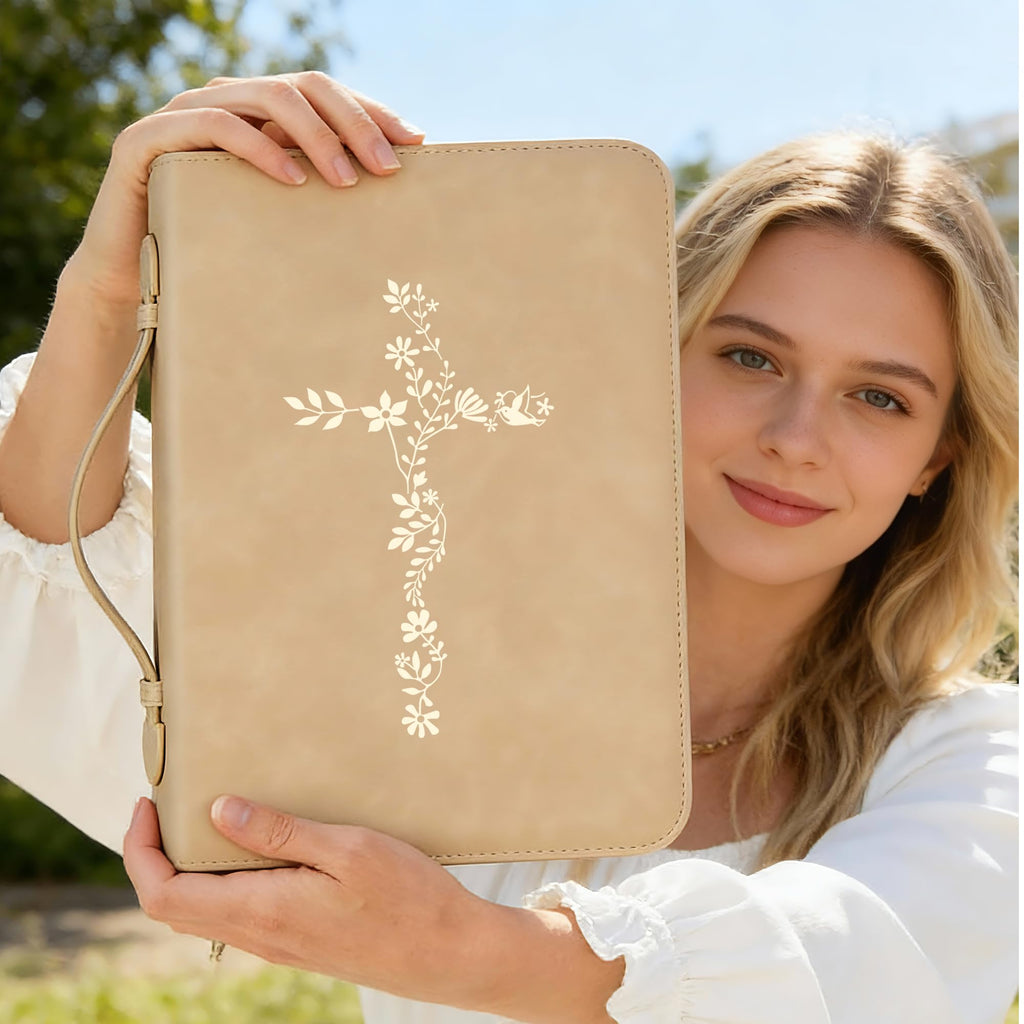 LISWIT Mother's Day Gift Bible Cover for Women, Large Bible Case - Durable PU Leather Carrying Bag Sleeve, Christian Gifts for Women, Girls, Teens (Beige/Gold)