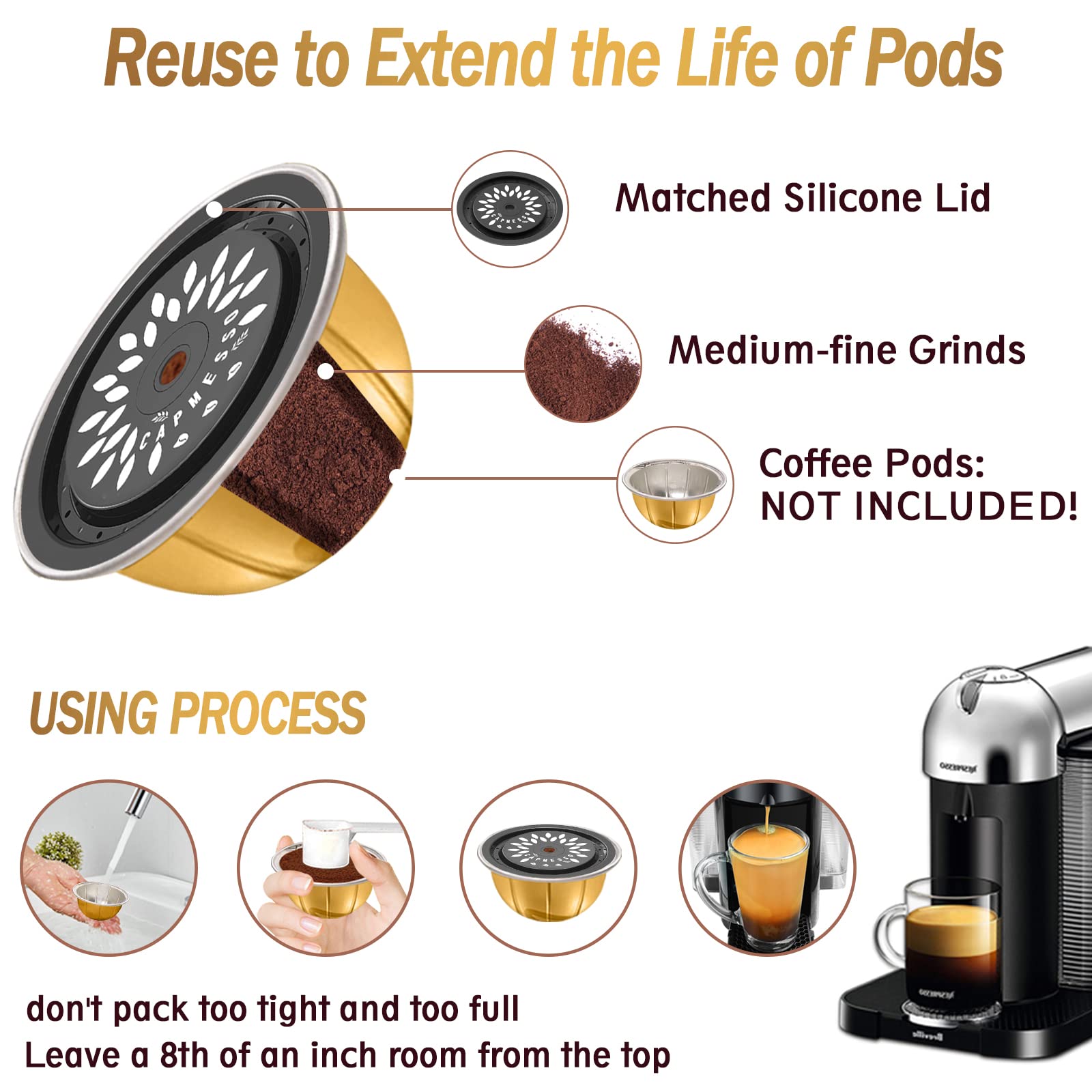 CAPMESSO Reusable Coffee Capsule Lids for Reusable Nespresso Pods Vertuo, Food Grade Silicone Caps for Any Sizes of Refillable Vertuo Pods with Scoop and Brush (5PCS Silicone Caps)