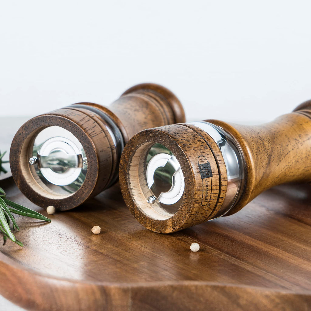 JF JAMES.F Wooden Salt and Pepper Grinder Set, 6.5 inch Rubber Wood Salt and Pepper Mills Set of 2 with Acrylic Visible Window & Adjustable Ceramic Rotor