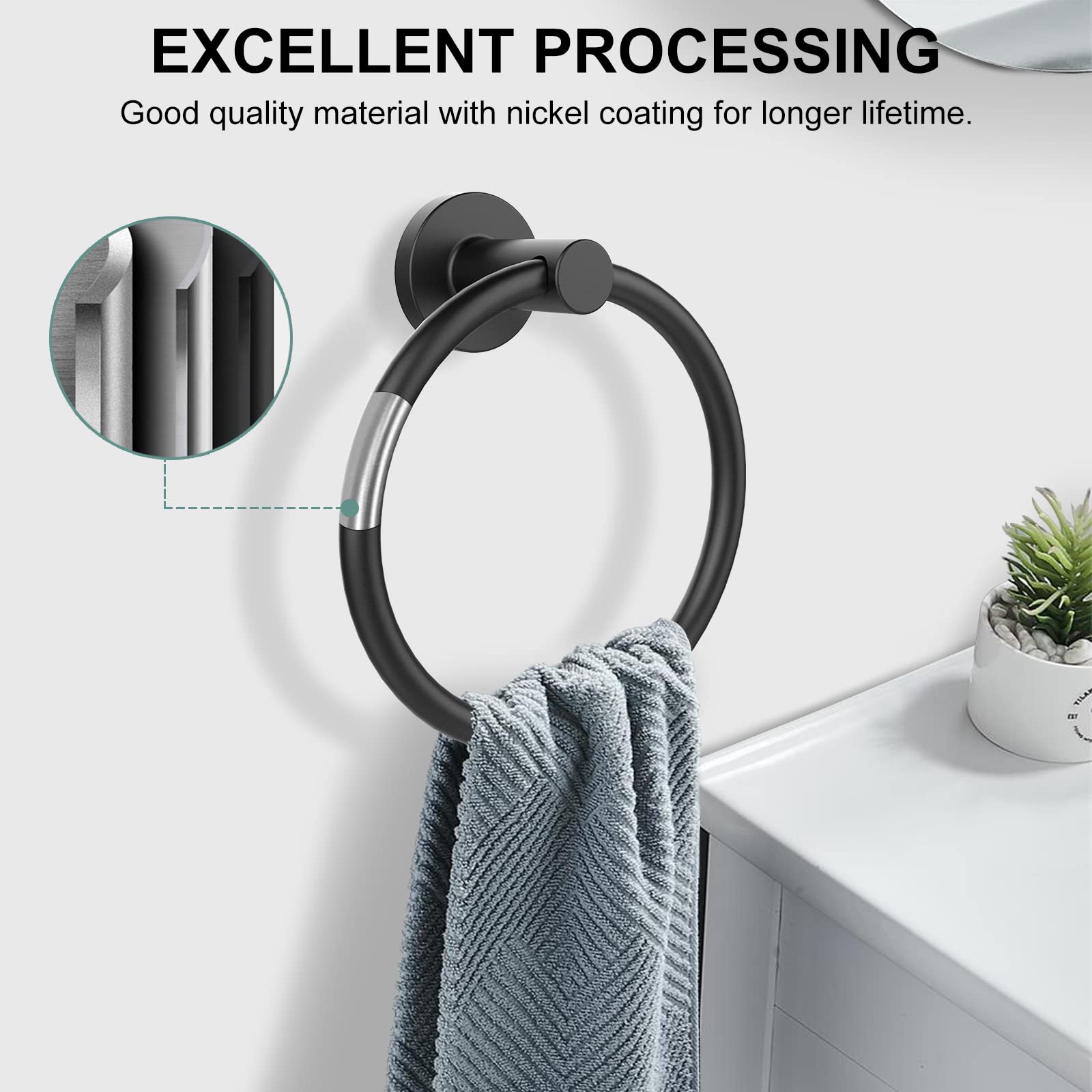 SetSail Towel Holder for Bathroom Wall Matte Black Ring Stainless Steel Heavy Duty Hand Towel Hanger for Kitchen, 2 Pack