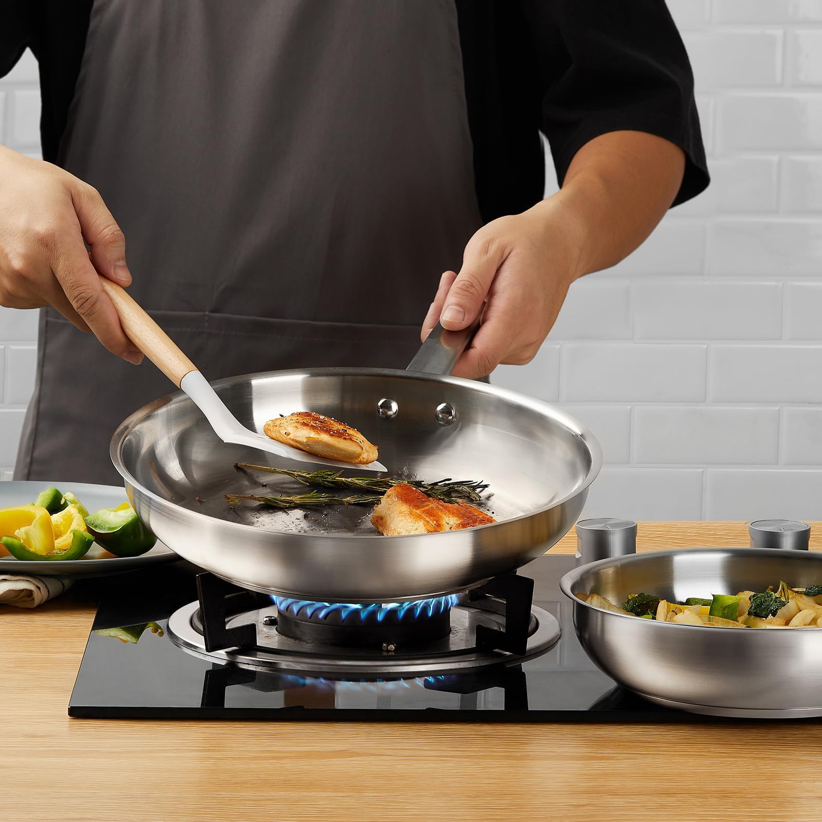 KOCH SYSTEME CS 8 Inch Stainless Steel Pan, 20cm Stainless Steel Frying Pan with Tri-ply Bottom, Riveted Handle, Fast Even Heat Distribution, Induction Compatible, Oven & Dishwasher Safe