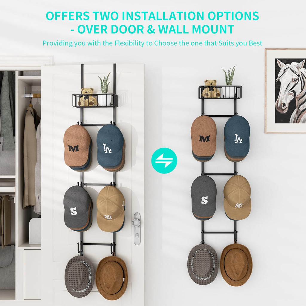 HapiRm Hat Racks for Baseball Caps - Over Door Hat Rack Organizer, Wall Mounted Hats Holder with 6 Hat Hooks and Metal Basket Design, Hanging Hats Storage Up to 32 Caps for Door, Bedroom, Closet