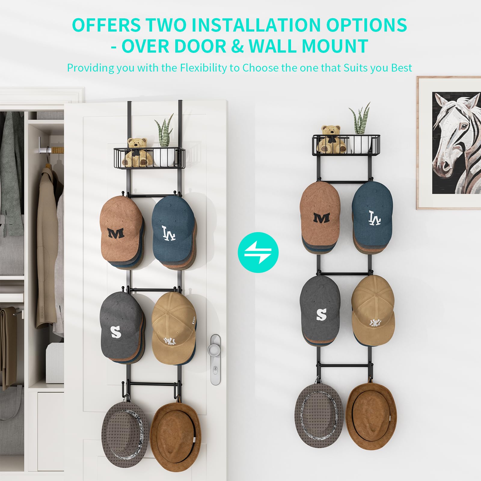 HapiRm Hat Racks for Baseball Caps - Over Door Hat Rack Organizer, Wall Mounted Hats Holder with 6 Hat Hooks and Metal Basket Design, Hanging Hats Storage Up to 32 Caps for Door, Bedroom, Closet